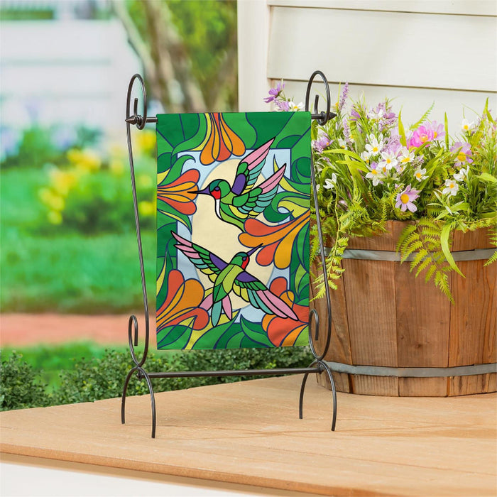 Stained Glass Hummingbirds Burlap Garden Flag