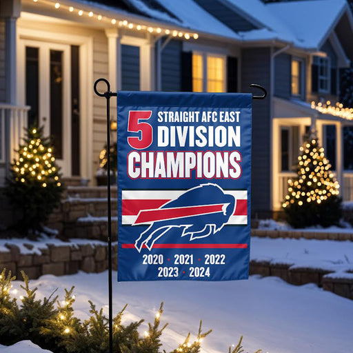 Buffalo Bills AFC Champ Garden Flag outside of home in winter