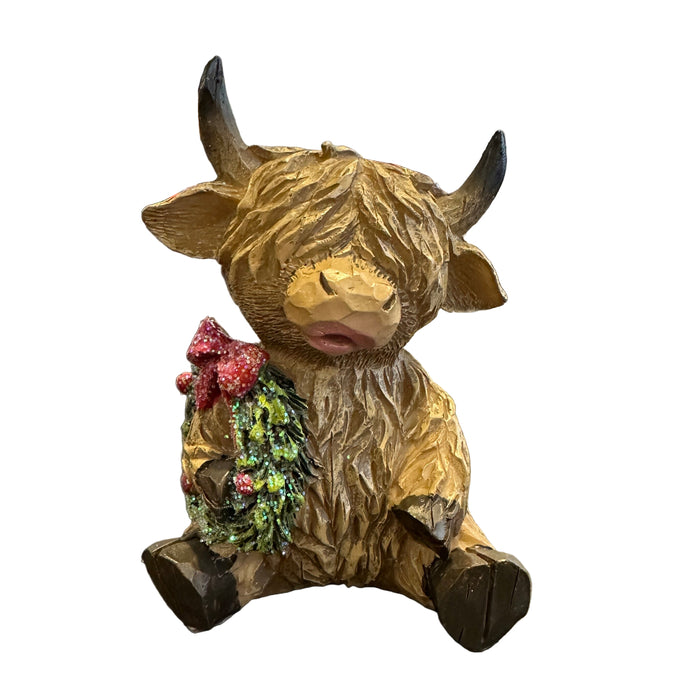 Holiday Wreath Hyland Cow Figurine