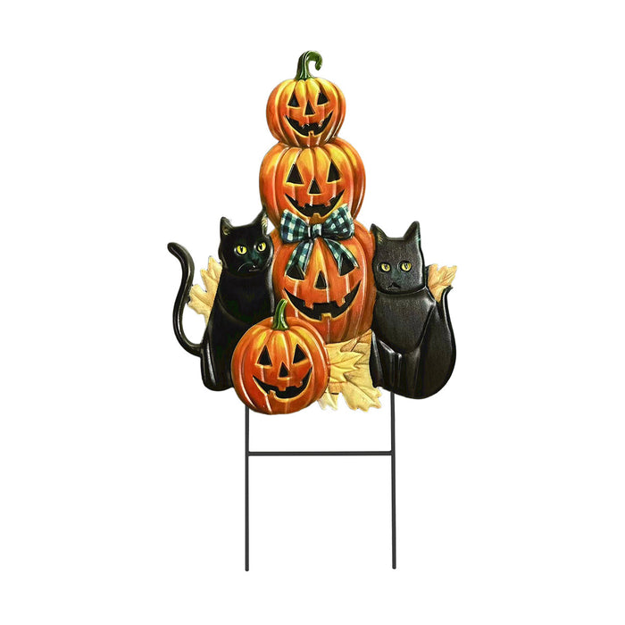 Black Cat Pumpkin Stack Metal Yard Stake