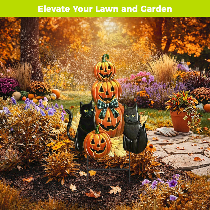 Black Cat Pumpkin Stack Metal Yard Stake