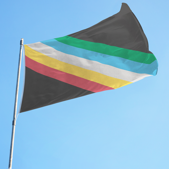 Black background flag with horizontal stripes in the following colors: green, blue, white, yellow, and red