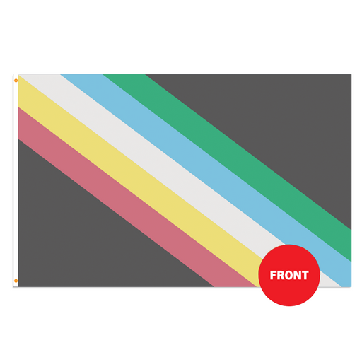 Black background flag with horizontal stripes in the following colors: green, blue, white, yellow, and red