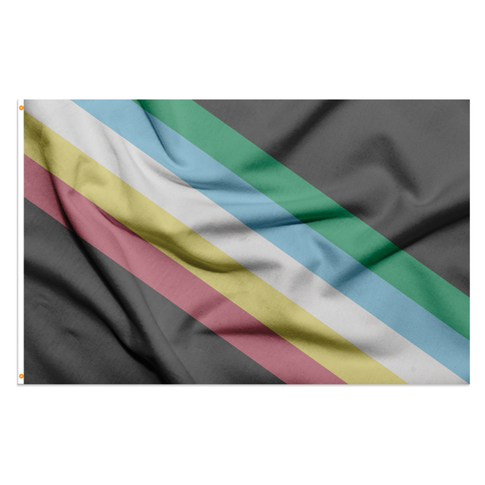 Black background flag with horizontal stripes in the following colors: green, blue, white, yellow, and red