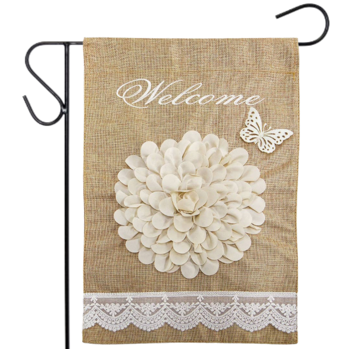 Cute White Ruffles Flower Burlap Garden Flag