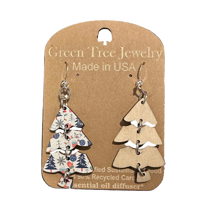 Patterned Christmas Tree Wood Earrings