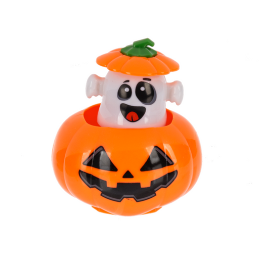 Halloween-themed toy with ghost inside an orange jack-o'-lantern on a white background