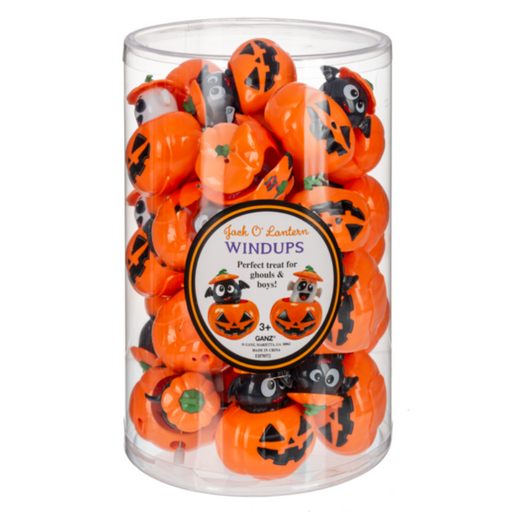 Jar of Halloween-themed windup toys with pumpkins, bats, and ghosts on a white background