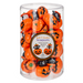 Jar of Halloween-themed windup toys with pumpkins, bats, and ghosts on a white background