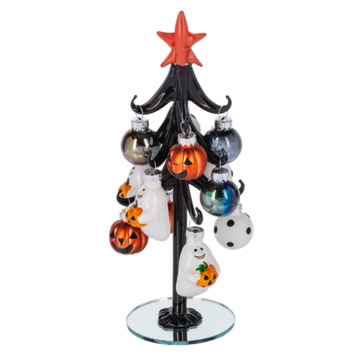 Halloween-themed ornament tree with ghost, pumpkin, and round ornaments