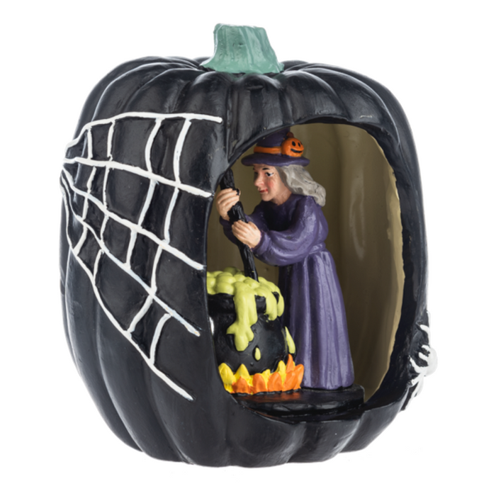 Halloween-themed figurine with a witch inside a pumpkin, brewing her cauldron