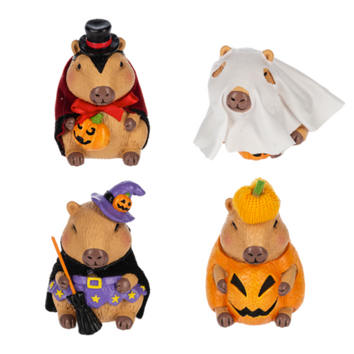Four Halloween-themed capybara figurines on a white background