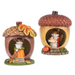 Two decorative acorn-shaped houses with small animal figurines on a white background