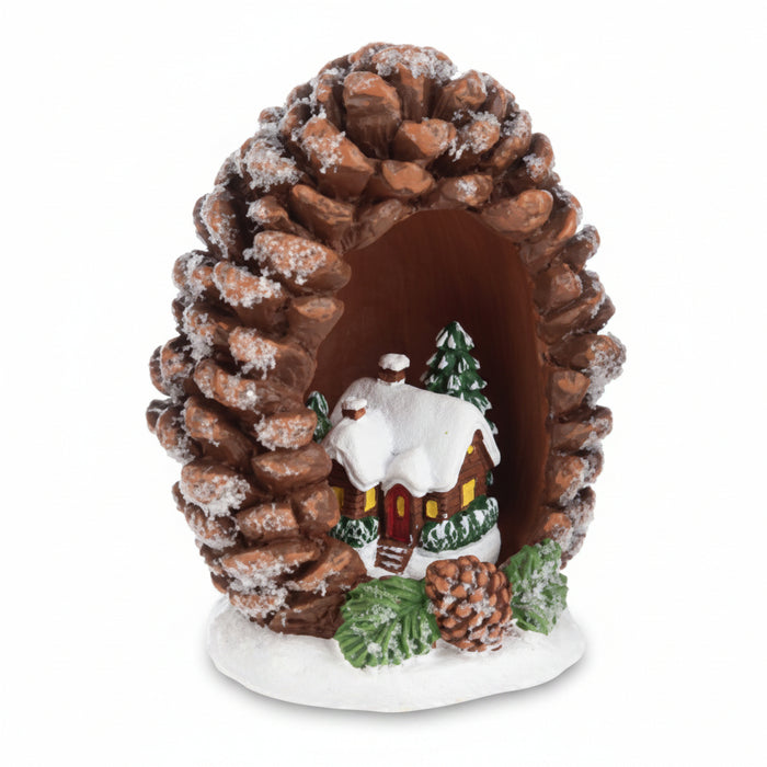 Panoramic Pinecone Snowy Cabin Figurine