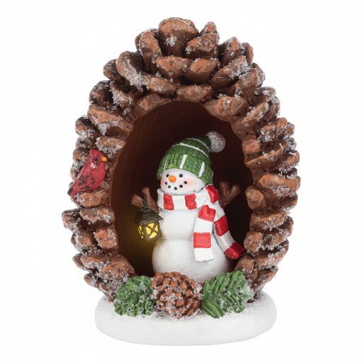 Panoramic Pinecone Snowman Lantern Figurine