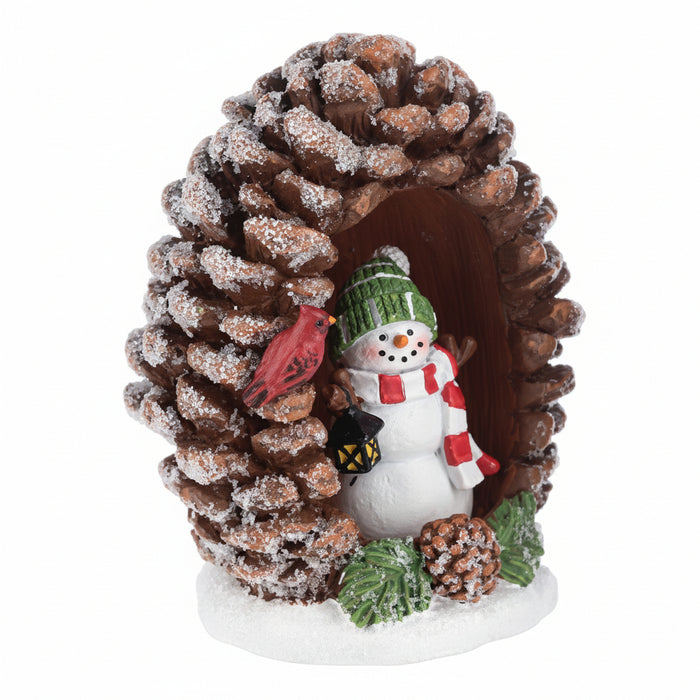 Panoramic Pinecone Snowman Lantern Figurine