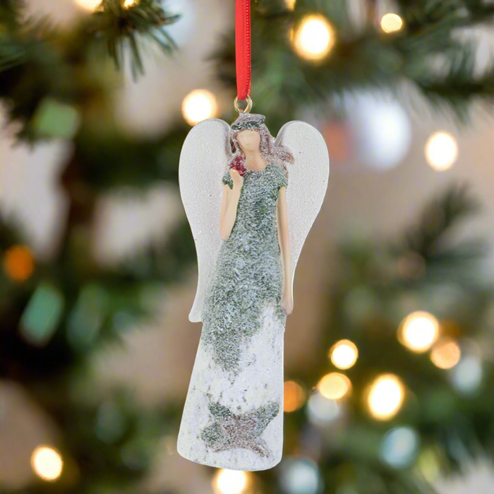 Angel Kissing Cardinal Glitter Ornament