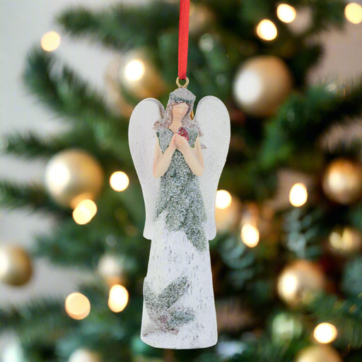 Angel Holding Cardinal Glitter Ornament