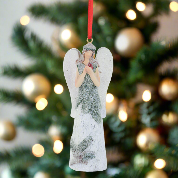 Angel Holding Cardinal Glitter Ornament