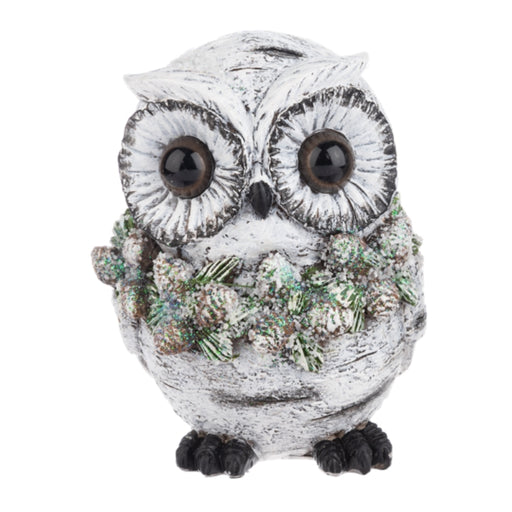 Snowy Owl Pinecone Wreath Figurine