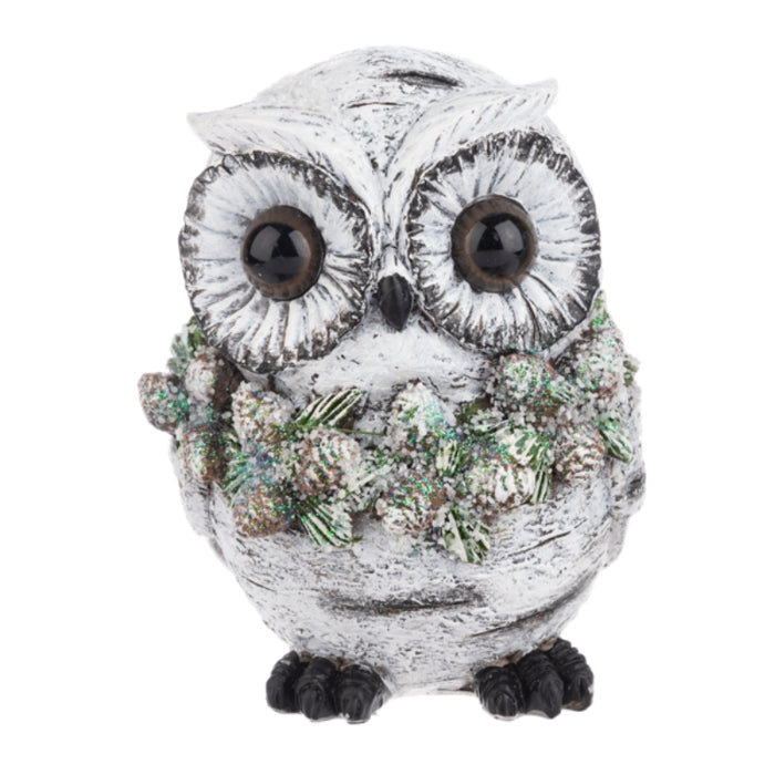 Snowy Owl Pinecone Wreath Figurine