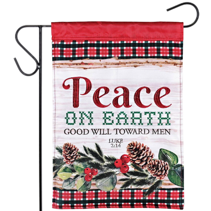 Christmas garden flag with 'Peace on Earth' text and plaid border