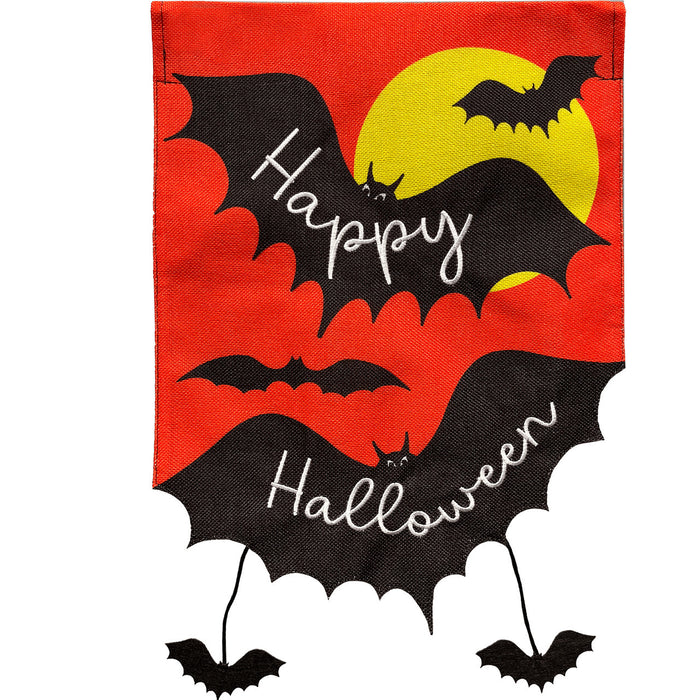 Halloween-themed decorative flag with bats and a full moon on a orange background.