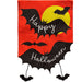 Halloween-themed decorative flag with bats and a full moon on a orange background.