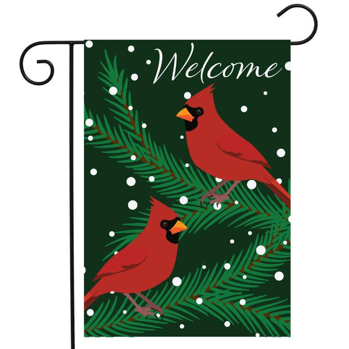 Cardinals in Snow Burlap Garden Flag