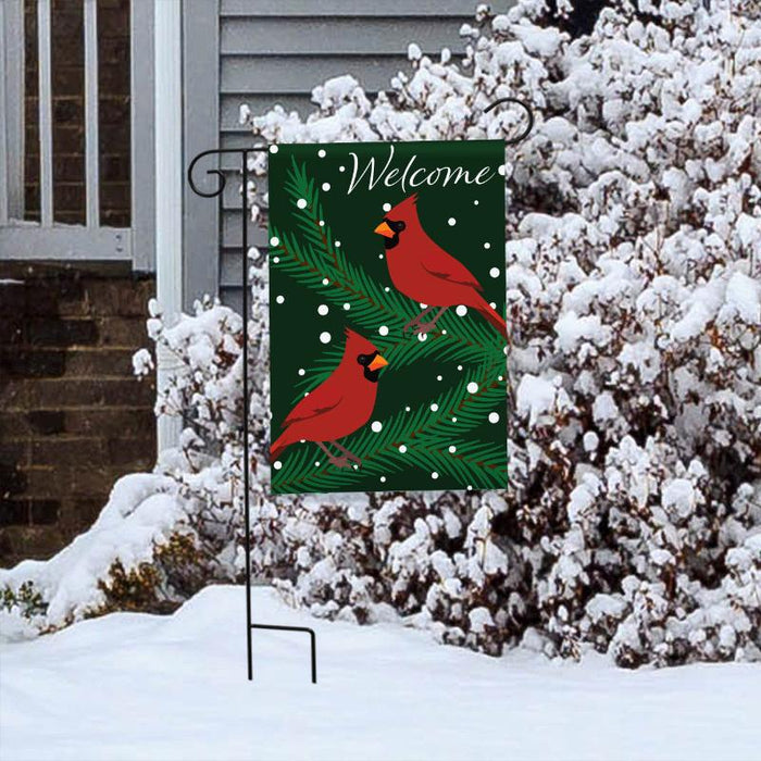 Cardinals in Snow Burlap Garden Flag