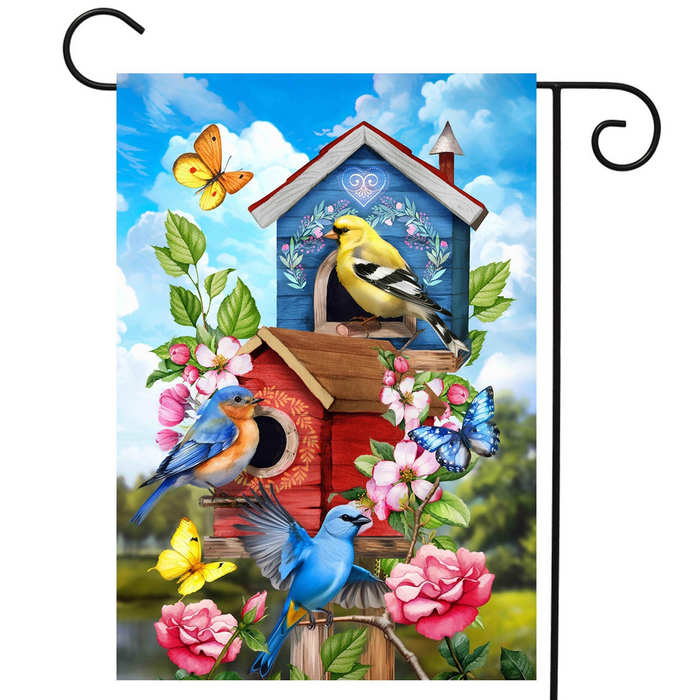 Floral Birdhouse Garden Flag