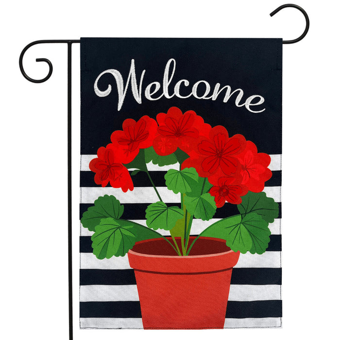 Potted Red Geraniums Burlap Garden Flag
