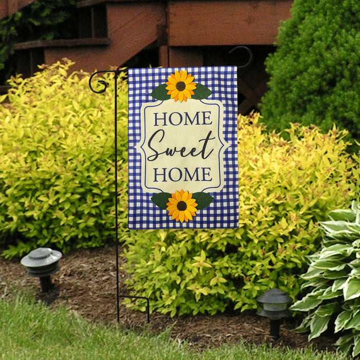Blue Checkered Sunflowers Burlap Garden Flag