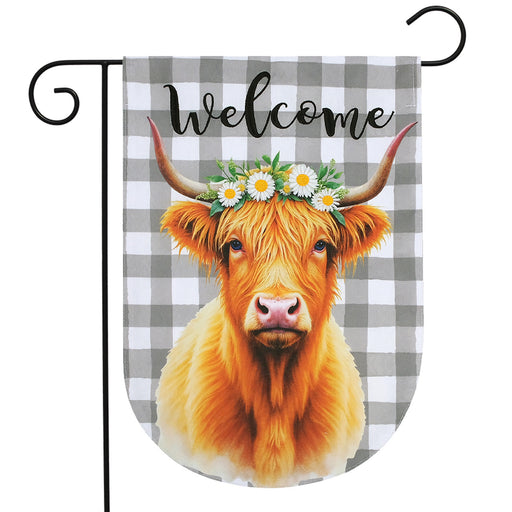 Checkered Hyland Cow Burlap Garden Flag