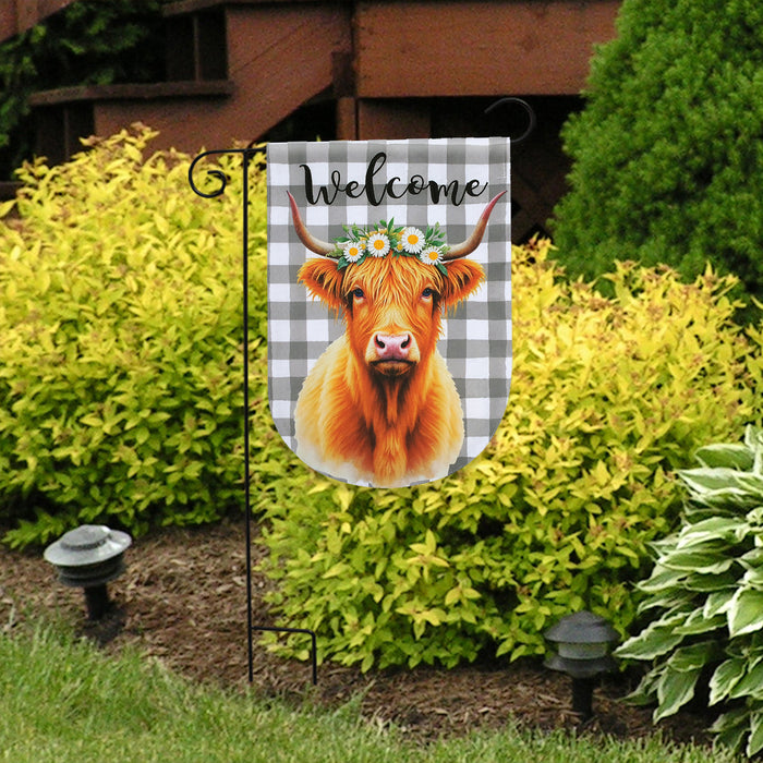 Checkered Hyland Cow Burlap Garden Flag
