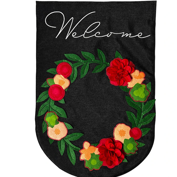 Dark Floral Wreath Burlap Banner Flag