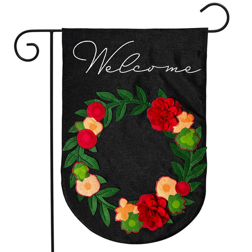 Dark Floral Wreath Burlap Garden Flag