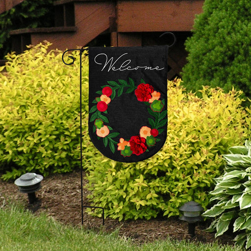 Dark Floral Wreath Burlap Garden Flag
