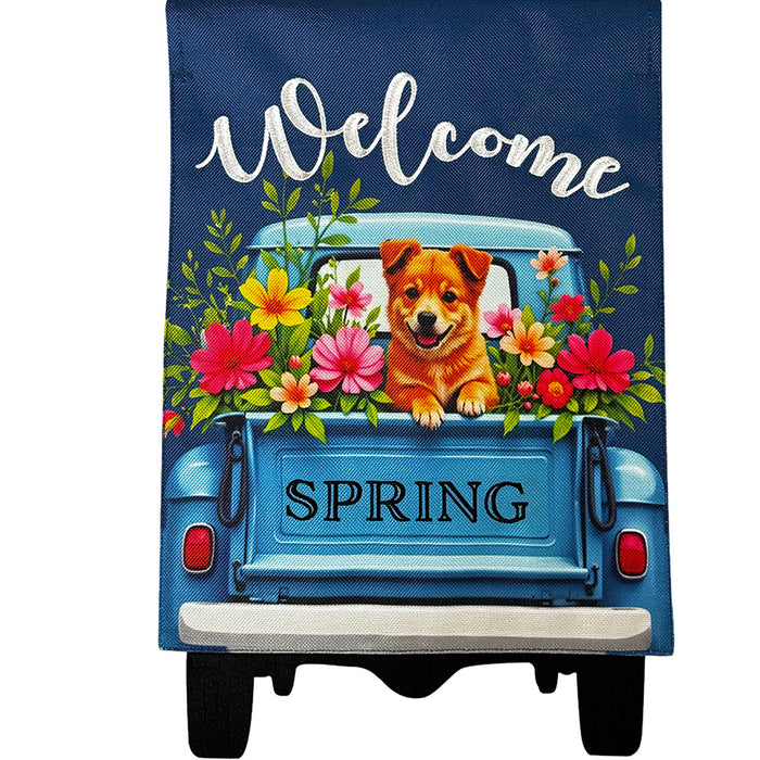 Puppy Pickup Burlap Garden Flag