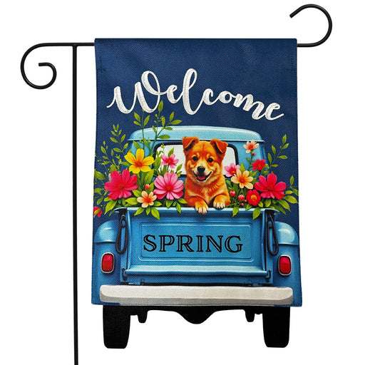 Puppy Pickup Burlap Garden Flag