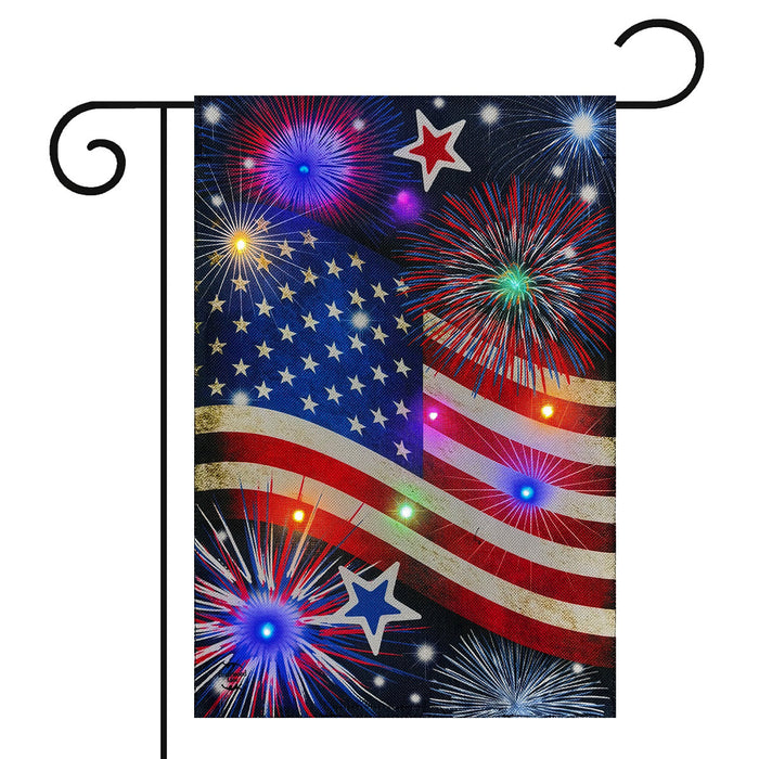 Stars and Stripes Patriotic Light Up LED Burlap Garden Flag