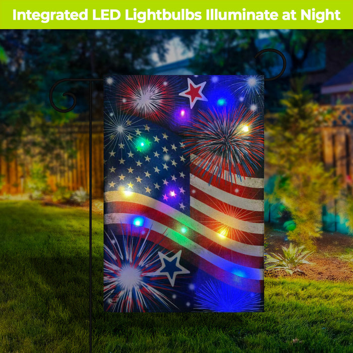 Stars and Stripes Patriotic Light Up LED Burlap Garden Flag
