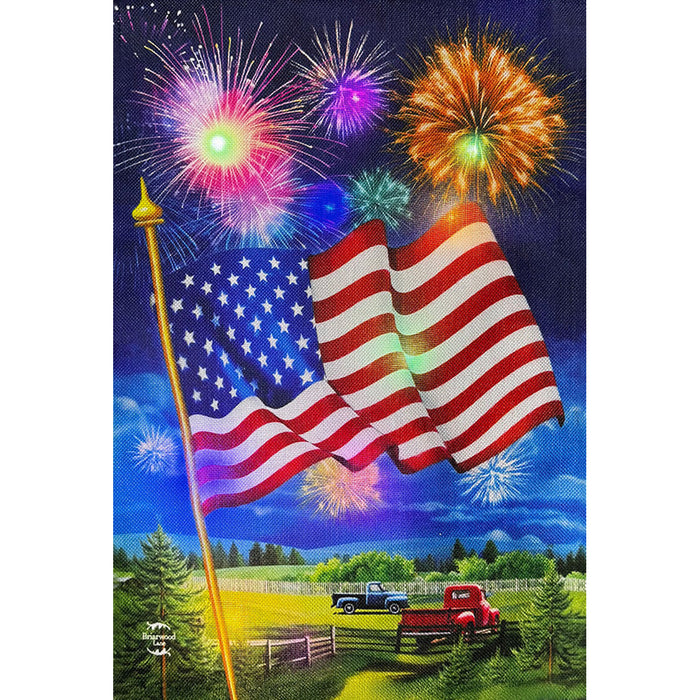 American Fireworks Light Up LED Burlap Garden Flag