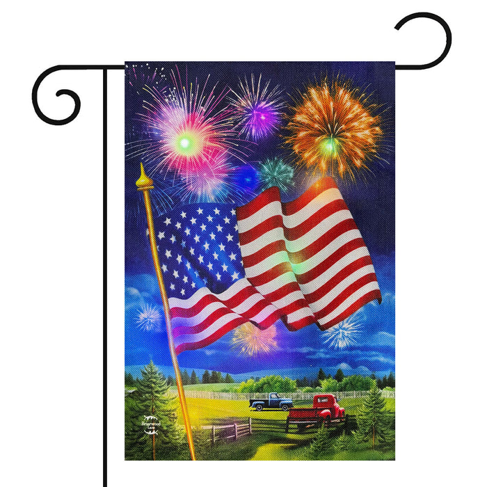 American Fireworks Light Up LED Burlap Garden Flag