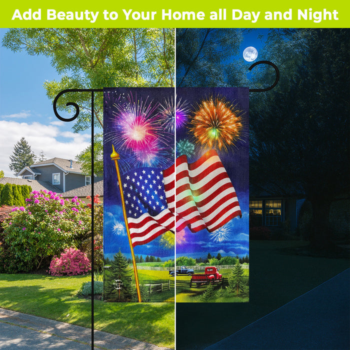American Fireworks Light Up LED Burlap Garden Flag