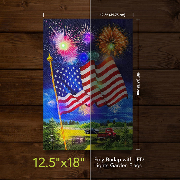 American Fireworks Light Up LED Burlap Garden Flag