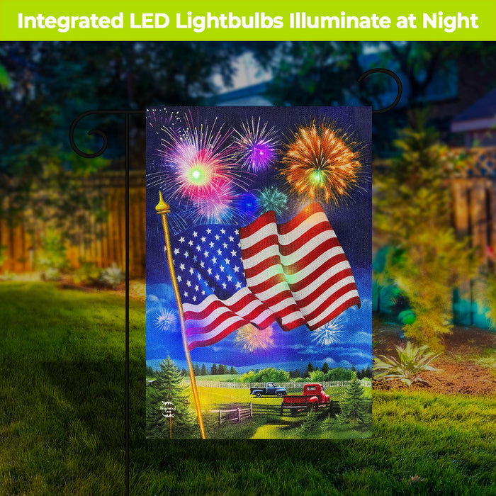 American Fireworks Light Up LED Burlap Garden Flag
