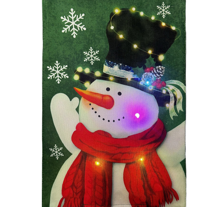 Snowman in Lights - Light Up LED Burlap Garden Flag