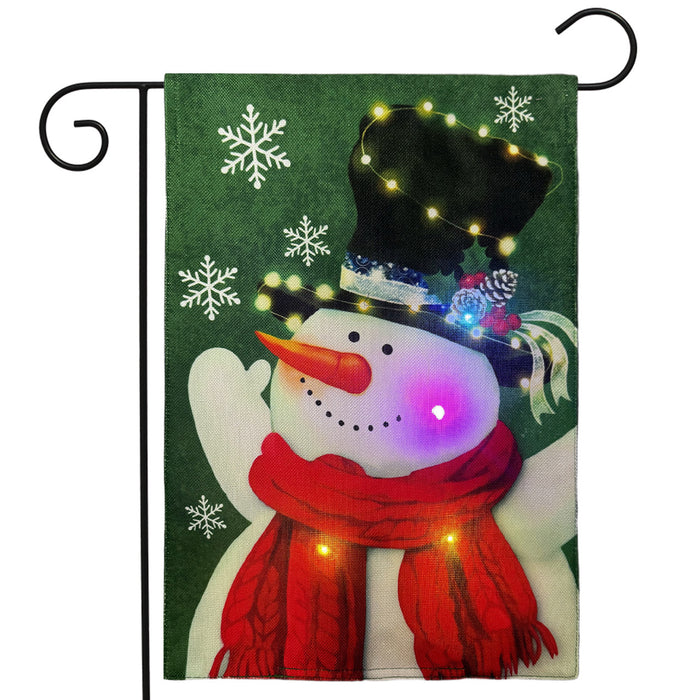 Snowman in Lights - Light Up LED Burlap Garden Flag