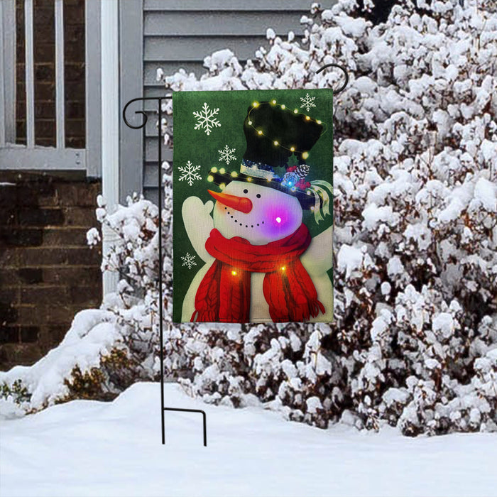 Snowman in Lights - Light Up LED Burlap Garden Flag